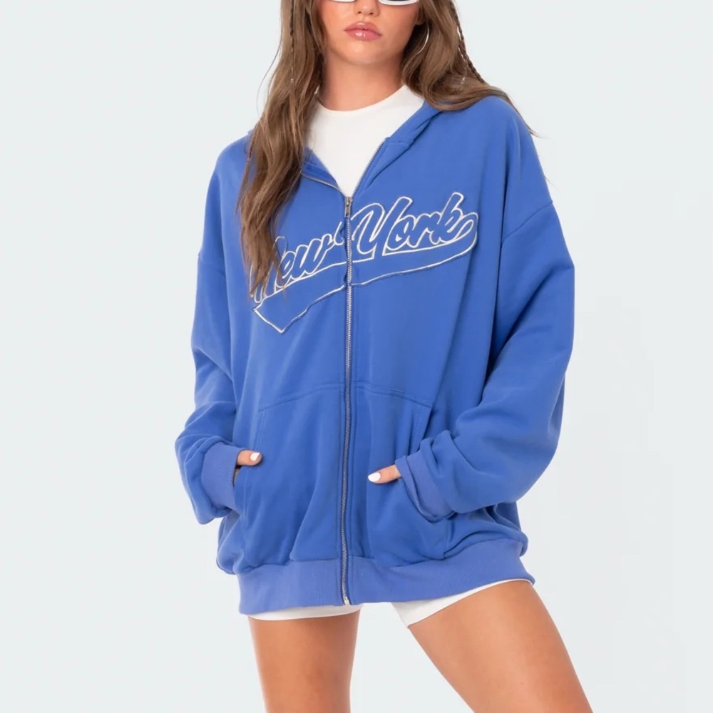 Edikted Blue Graphic Zip-Up Hoodie